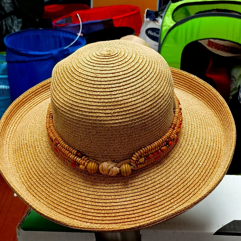 Designer Sun N Sand straw Hat w bead sequin band 1 size $34+free scarf or Hat. - Picture 5 of 16